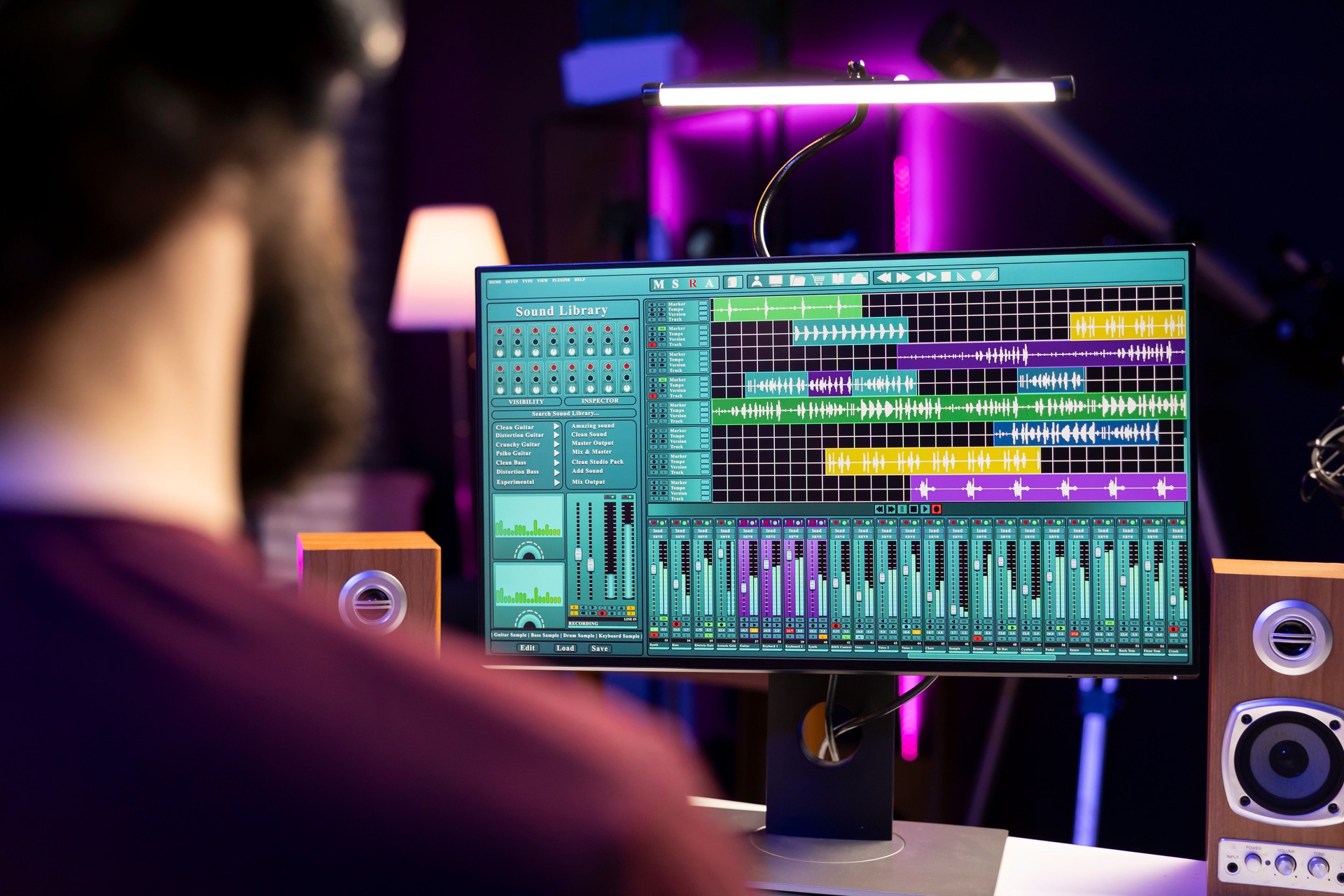 Sound engineer working with audio recordings on daw software interface